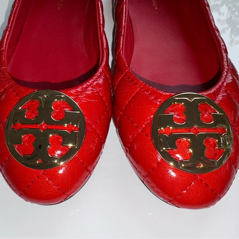 Tory Burch chelsea quilted ballet flat vince patent crinkle, fiesta red/gold sz6 - Picture 9 of 13
